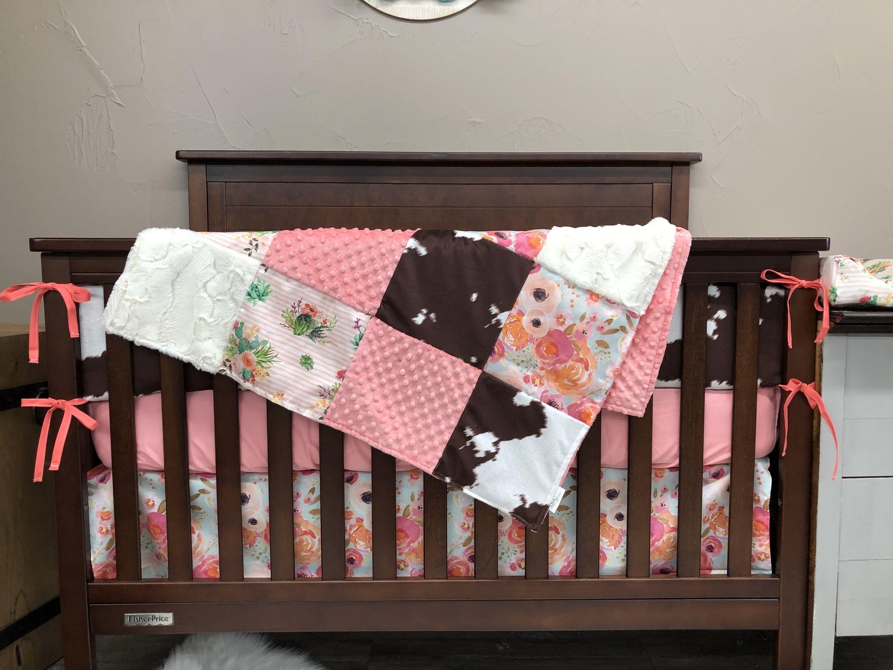 Custom Girl Crib Bedding - Cactus, Cowhide Minky, and Watercolor Flowers Western Nursery Collection - DBC Baby Bedding Co 