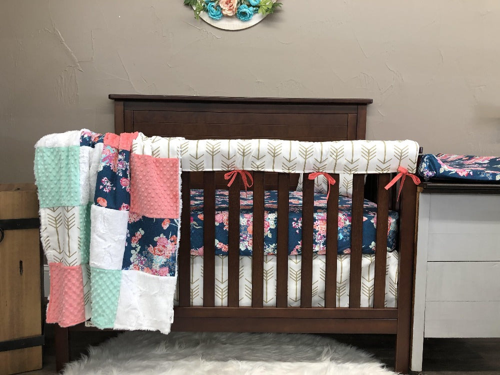 Ready Ship Girl Crib Bedding - Navy Floral and Gold Arrow Baby Bedding Collection - DBC Baby Bedding Co 