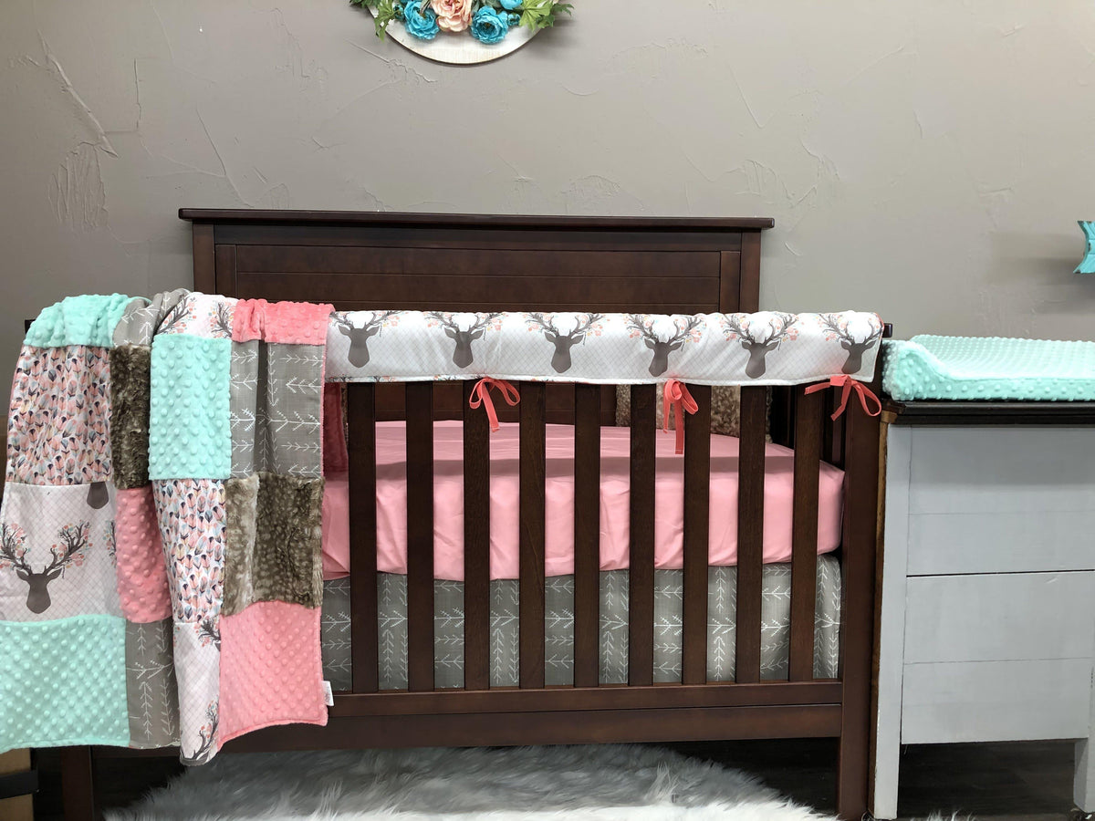 Custom Girl Crib Bedding - Tulip Fawn and Feathers Woodland Nursery Collection - DBC Baby Bedding Co 