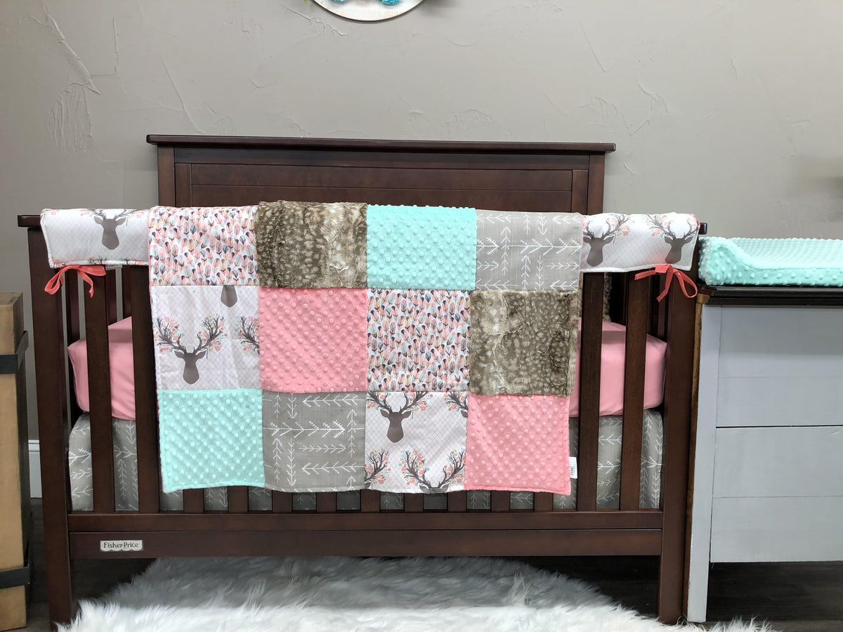 Custom Girl Crib Bedding - Tulip Fawn and Feathers Woodland Nursery Collection - DBC Baby Bedding Co 