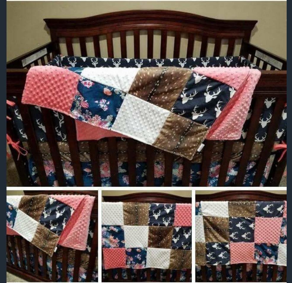 Custom Girl Crib Bedding - Buck and Navy Coral Floral Woodland Baby Bedding Collection - DBC Baby Bedding Co 