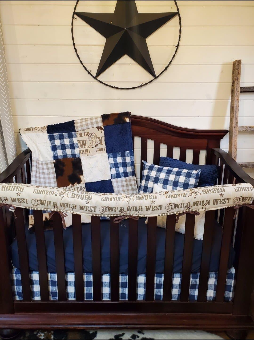 Boy Crib Bedding- Cowboy and Navy Denim Check Ranch Collection - DBC Baby Bedding Co 
