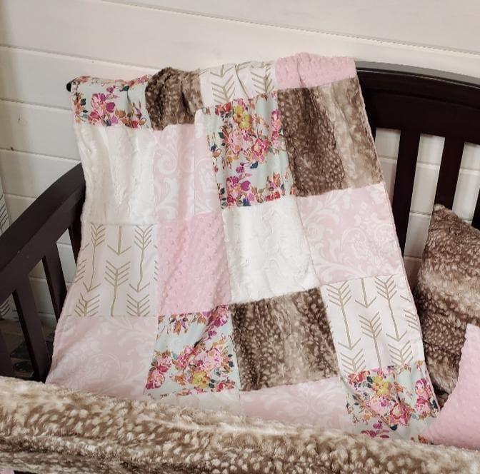 Twin, Full, or Queen Patchwork Blanket - Summer Floral and Fawn Minky - DBC Baby Bedding Co 