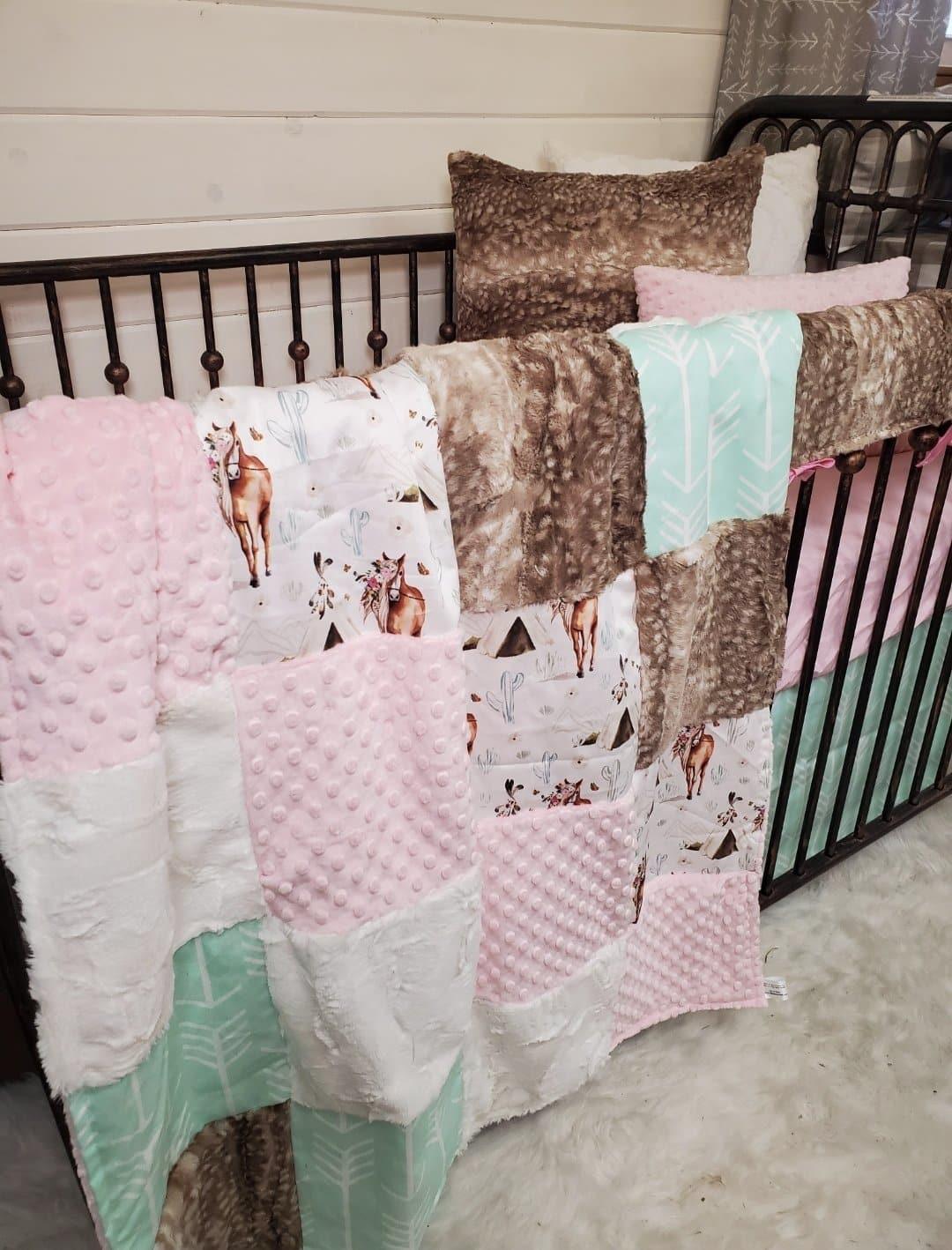 Twin, Full, or Queen Patchwork Blanket - Boho Horse and Fawn Minky - DBC Baby Bedding Co 