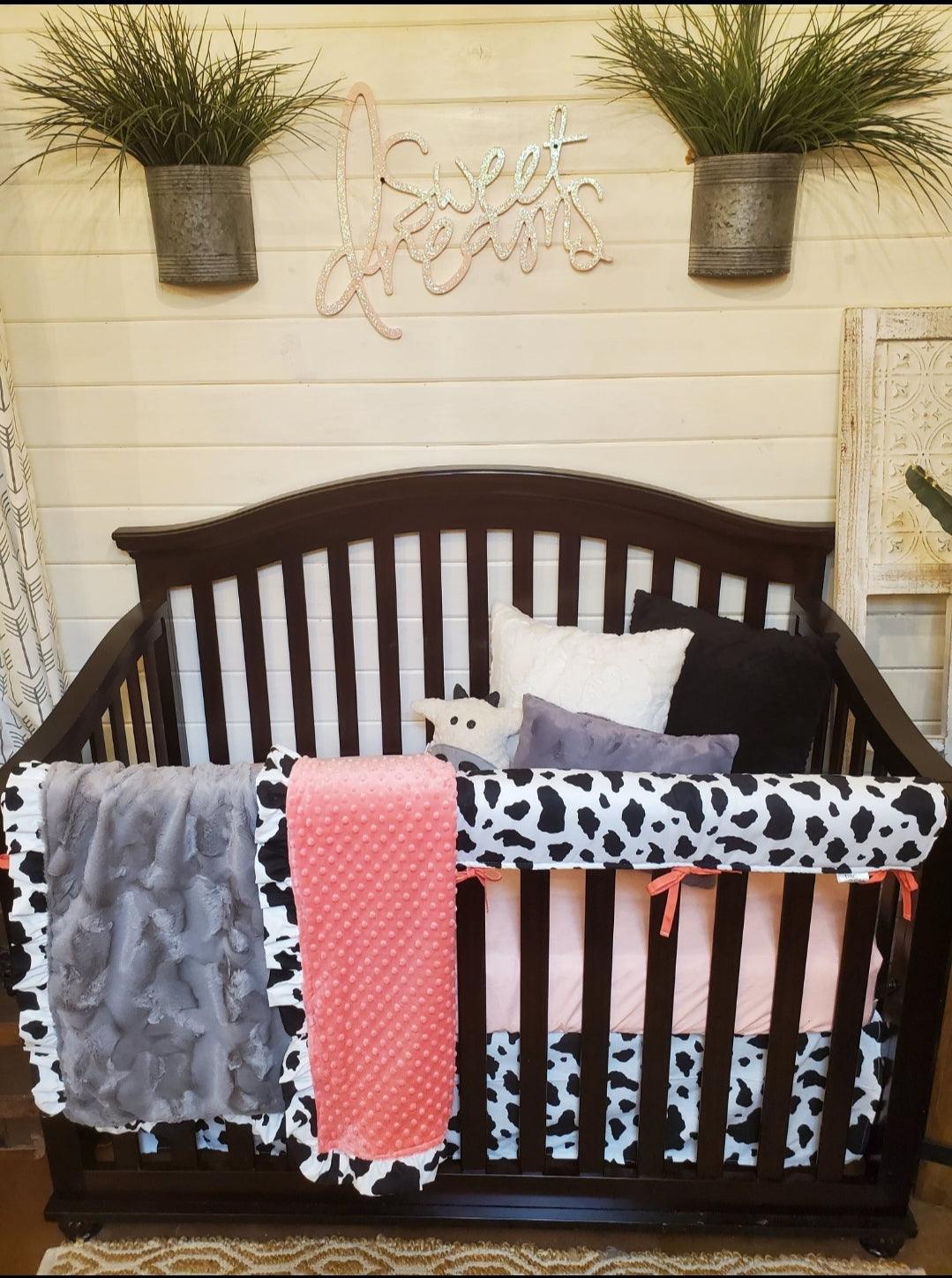 Same Day Ship - Black White Cow and Coral Crib Bedding - DBC Baby Bedding Co 