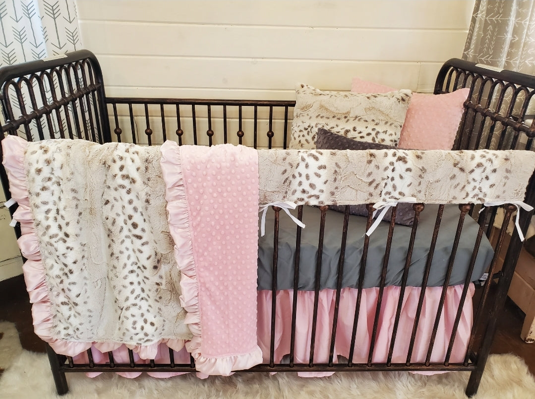 Girl Crib Bedding Lynx Minky and Blush Baby Toddler Bedding Collection 3pc Baby Bedding Collection