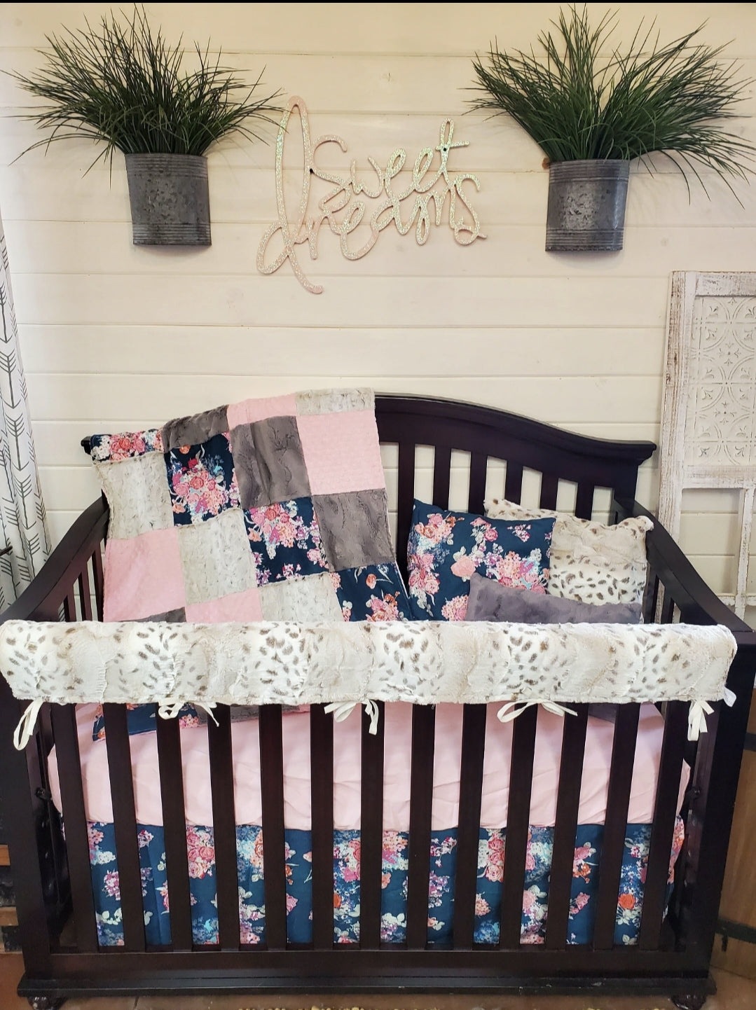 New Release Girl Crib Bedding- Navy Floral and Lynx Minky Baby Bedding Collection - DBC Baby Bedding Co 