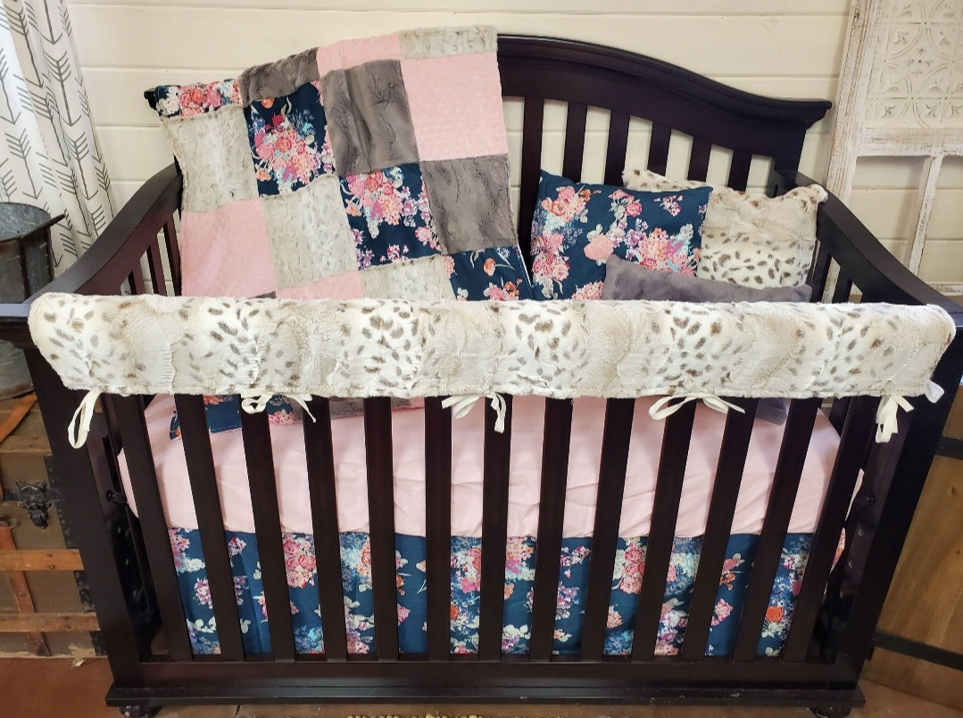 New Release Girl Crib Bedding- Navy Floral and Lynx Minky Baby Bedding Collection - DBC Baby Bedding Co 
