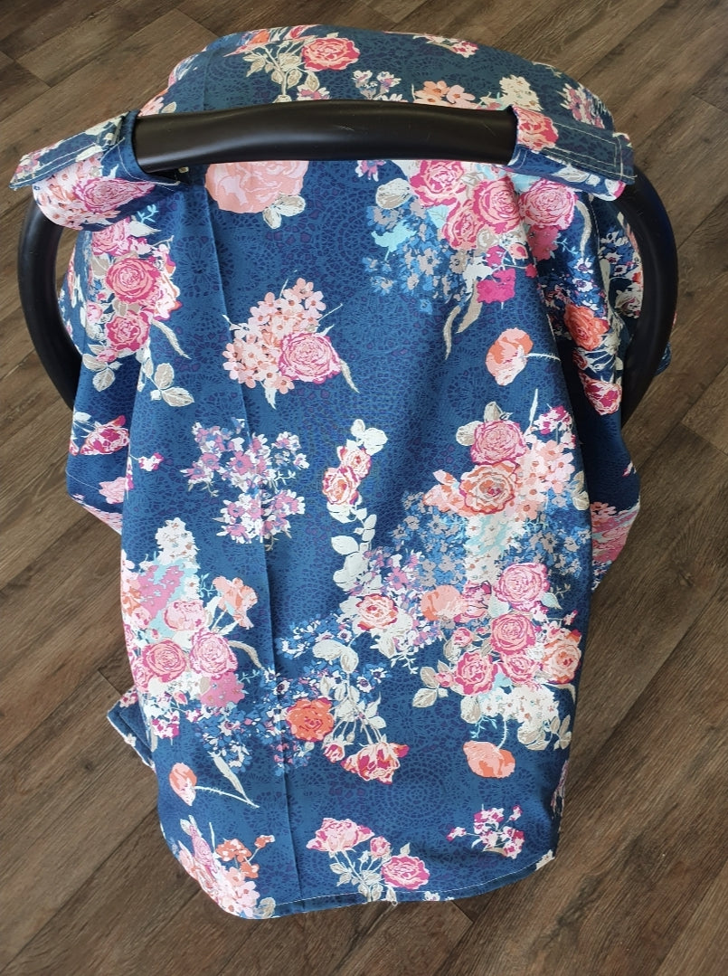 Carseat Tent - Floral in Navy Coral Floral - DBC Baby Bedding Co 