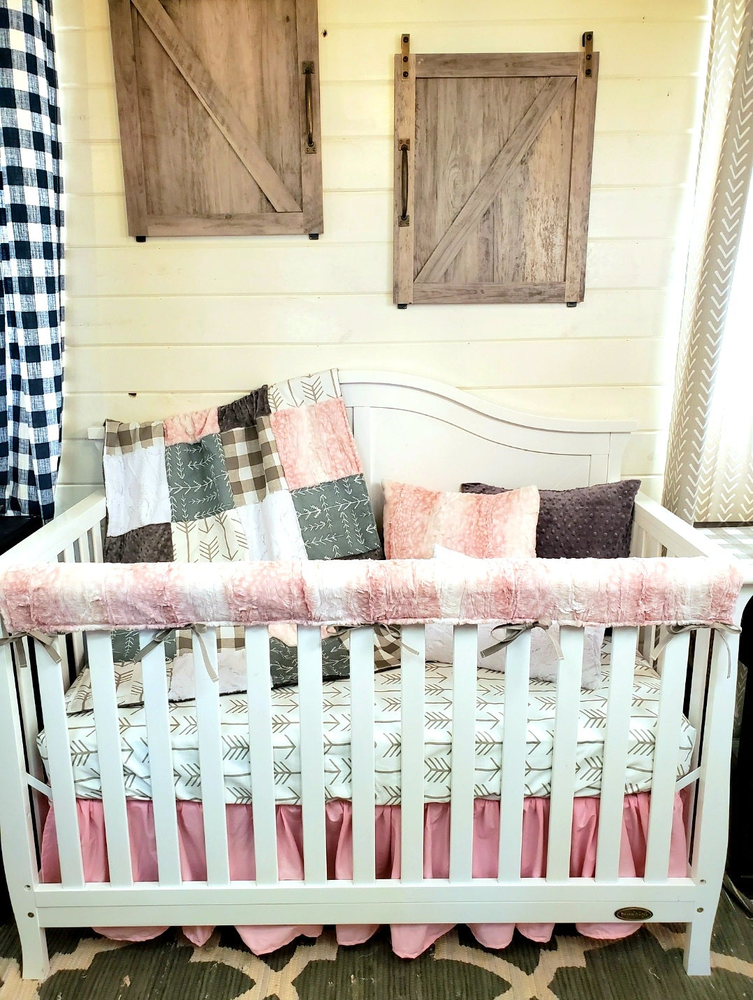 2 Day Ship Girl Crib Bedding - Farmhouse Check and Rosewater Fawn Minky Woodland Baby Bedding - DBC Baby Bedding Co 