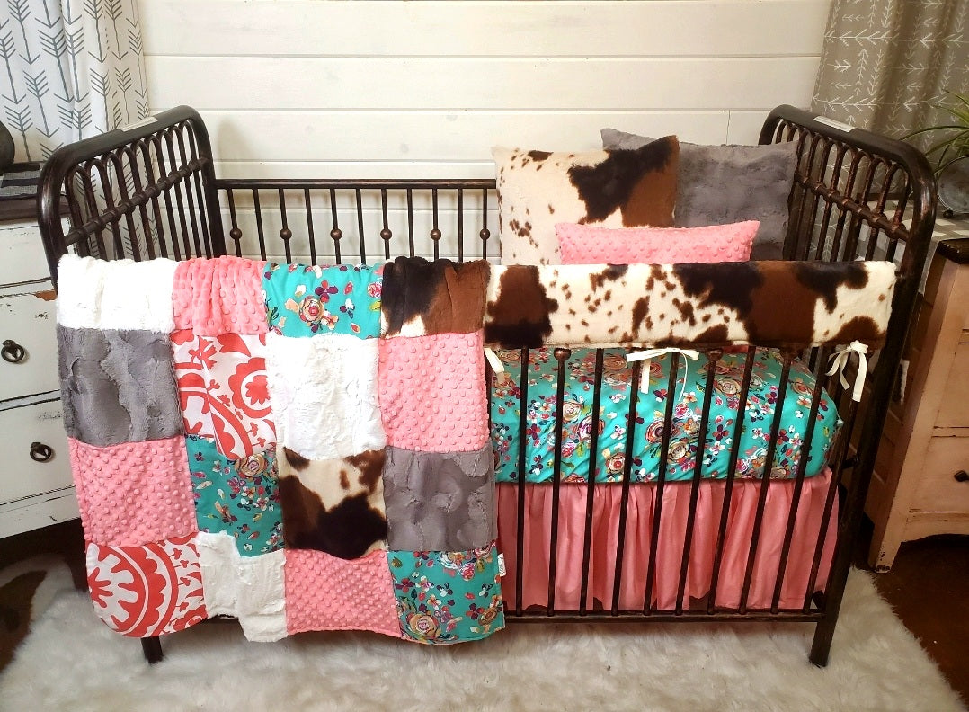 New Release Girl Crib Bedding- Teal Floral and Cow Minky Ranch Baby Bedding Collection - DBC Baby Bedding Co 