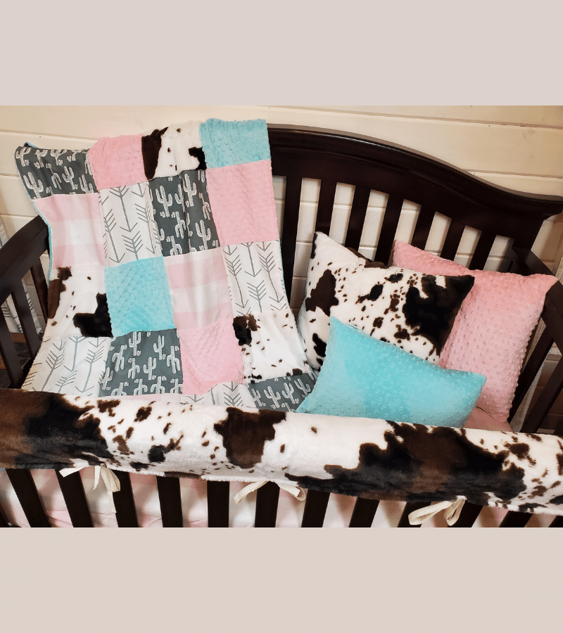 Girl Crib Bedding - Cactus, Blush Check, Cow Minky Baby Bedding Collection - DBC Baby Bedding Co 