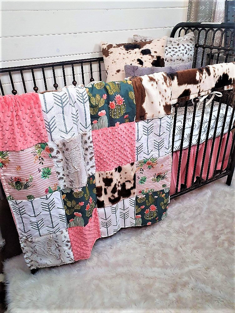 Custom Girl Crib Bedding - Cactus and Cow Minky Western Baby Bedding Collection - DBC Baby Bedding Co 