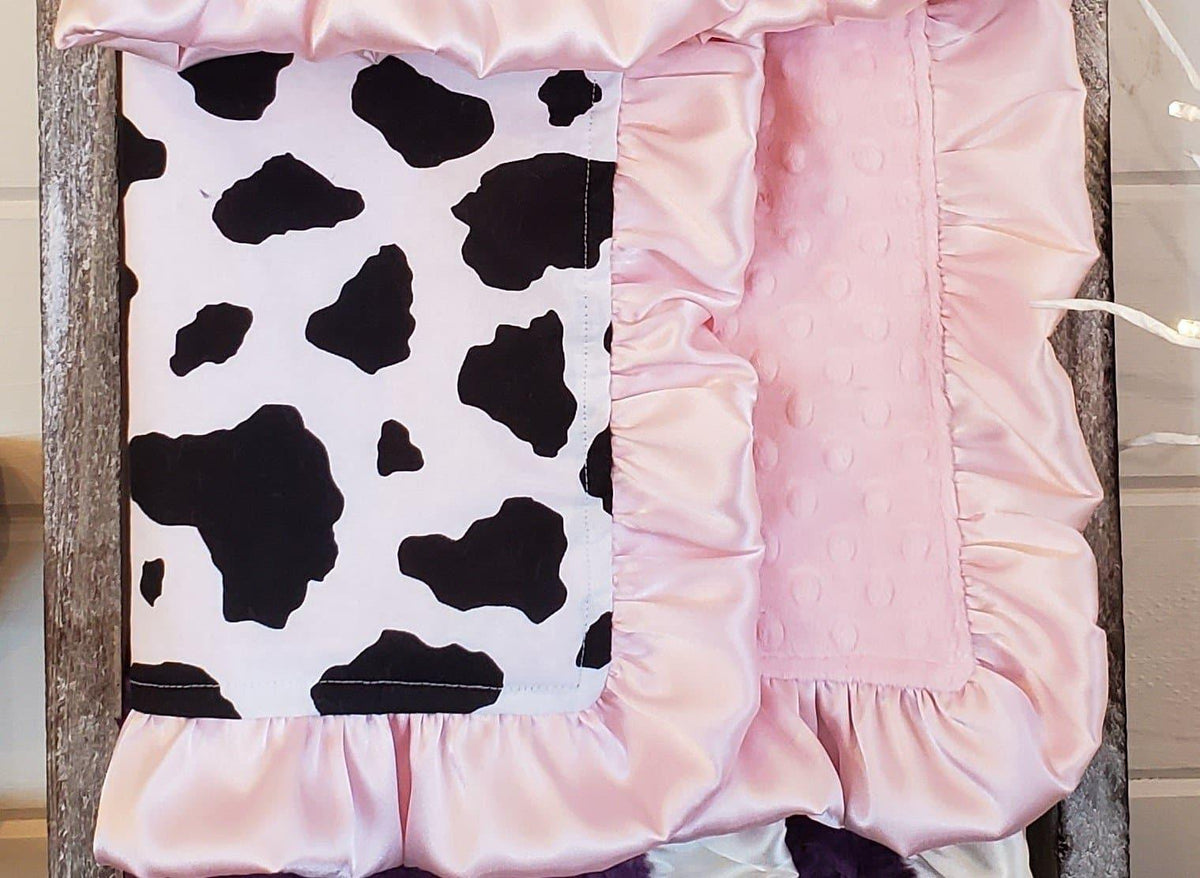 Baby Ruffle Lovey - Black White Cow Minky with blush satin ruffle - DBC Baby Bedding Co 