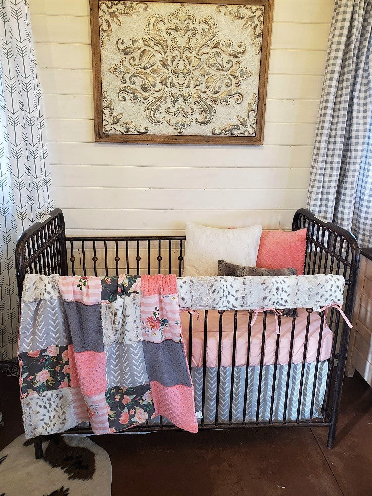Custom Girl Crib Bedding - Floral Stripe and Snow Leopard Minky Floral Baby Bedding Collection - DBC Baby Bedding Co 