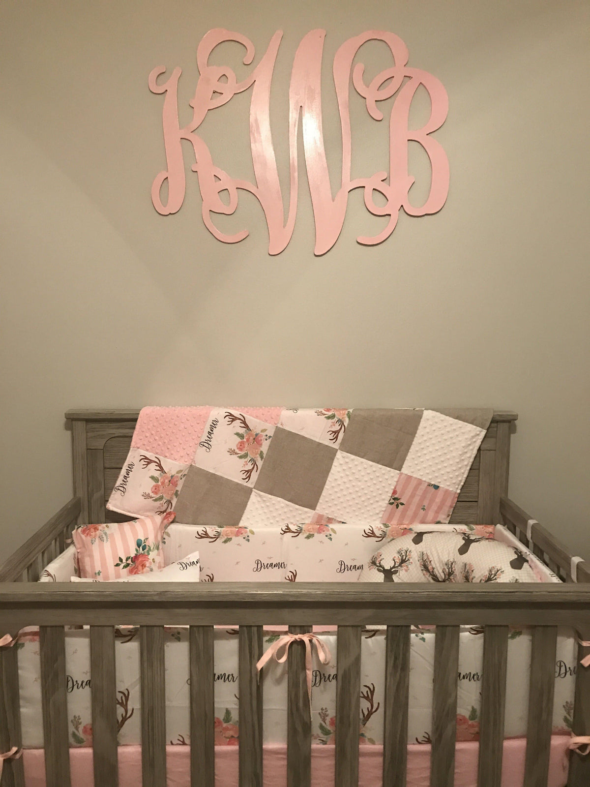 Custom Girl Crib Bedding - Dreamer Antler and Floral Stripe Woodland Nursery Collection - DBC Baby Bedding Co 