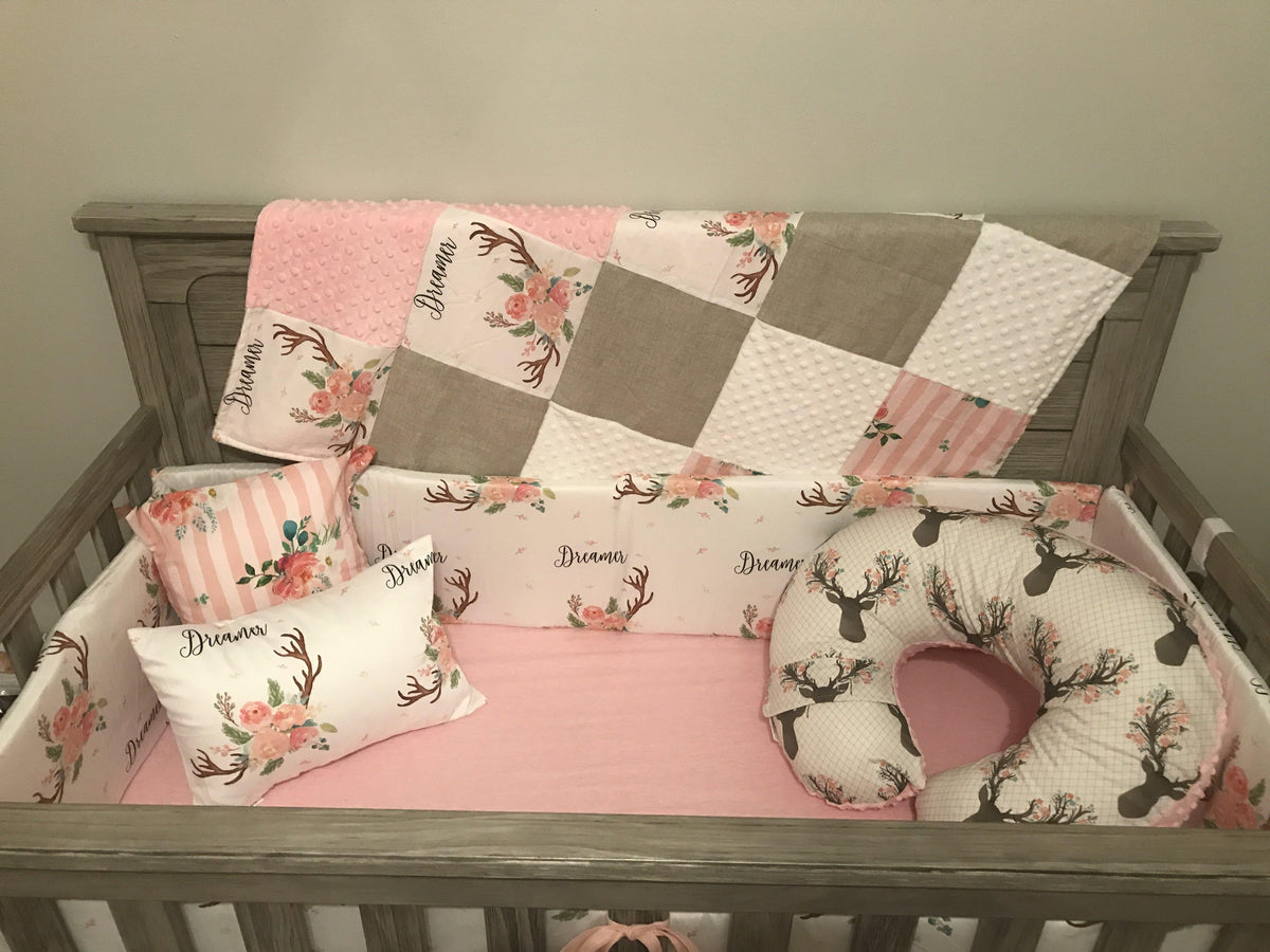 Custom Girl Crib Bedding - Dreamer Antler and Floral Stripe Woodland Nursery Collection - DBC Baby Bedding Co 