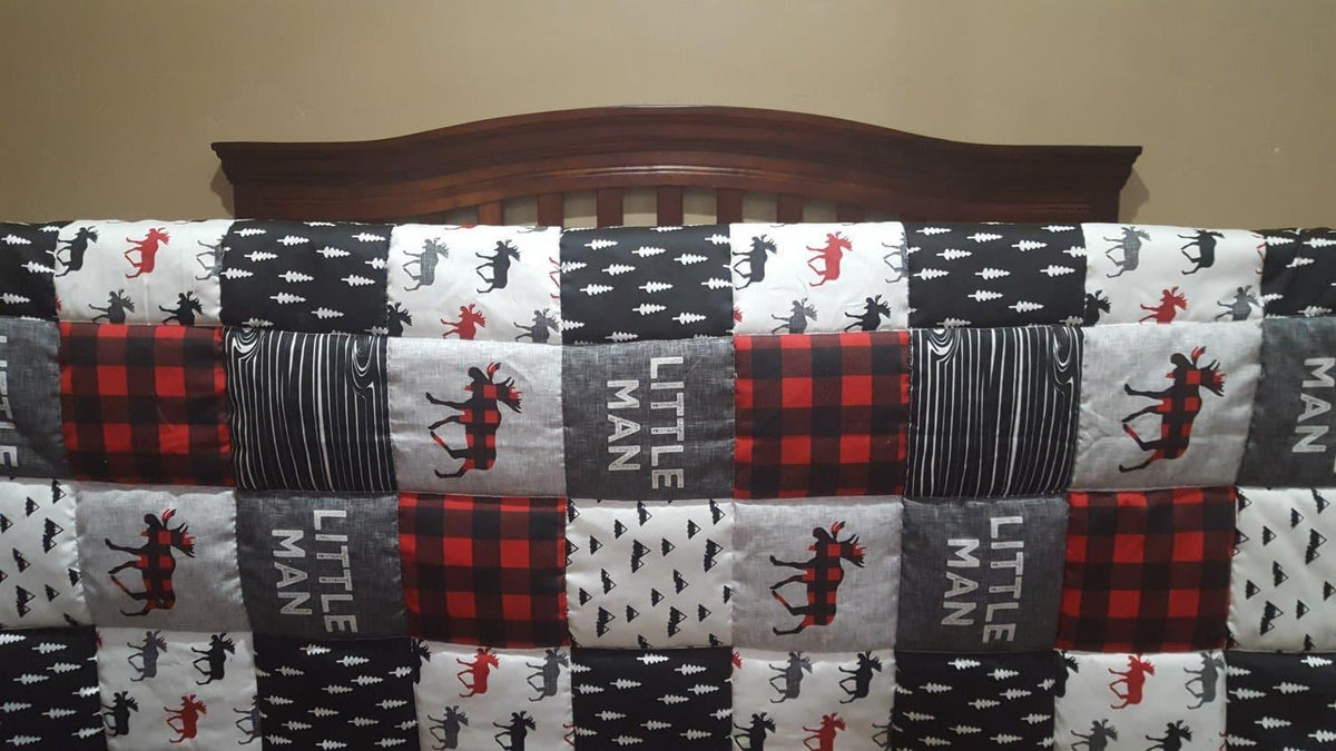 Twin, Full, or Queen Comforter - Little Man Moose Patchwork Print in red and black - DBC Baby Bedding Co 