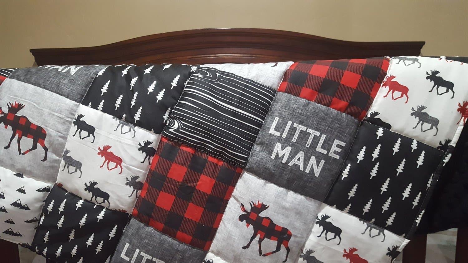 Twin, Full, or Queen Comforter - Little Man Moose Patchwork Print in red and black - DBC Baby Bedding Co 