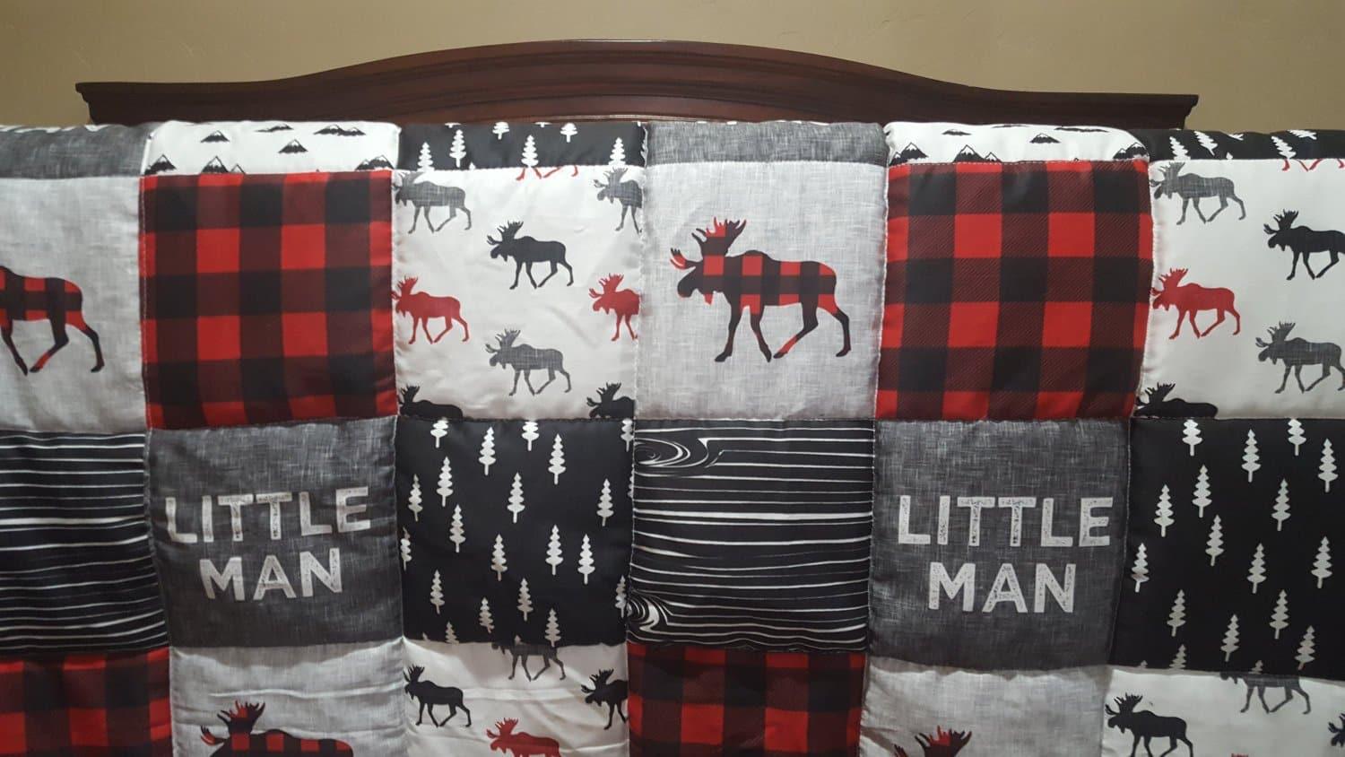 Twin, Full, or Queen Comforter - Little Man Moose Patchwork Print in red and black - DBC Baby Bedding Co 