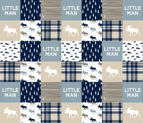 Twin, Full, or Queen Comforter - Little Man Moose Patchwork Print in navy, tan, and blue - DBC Baby Bedding Co 