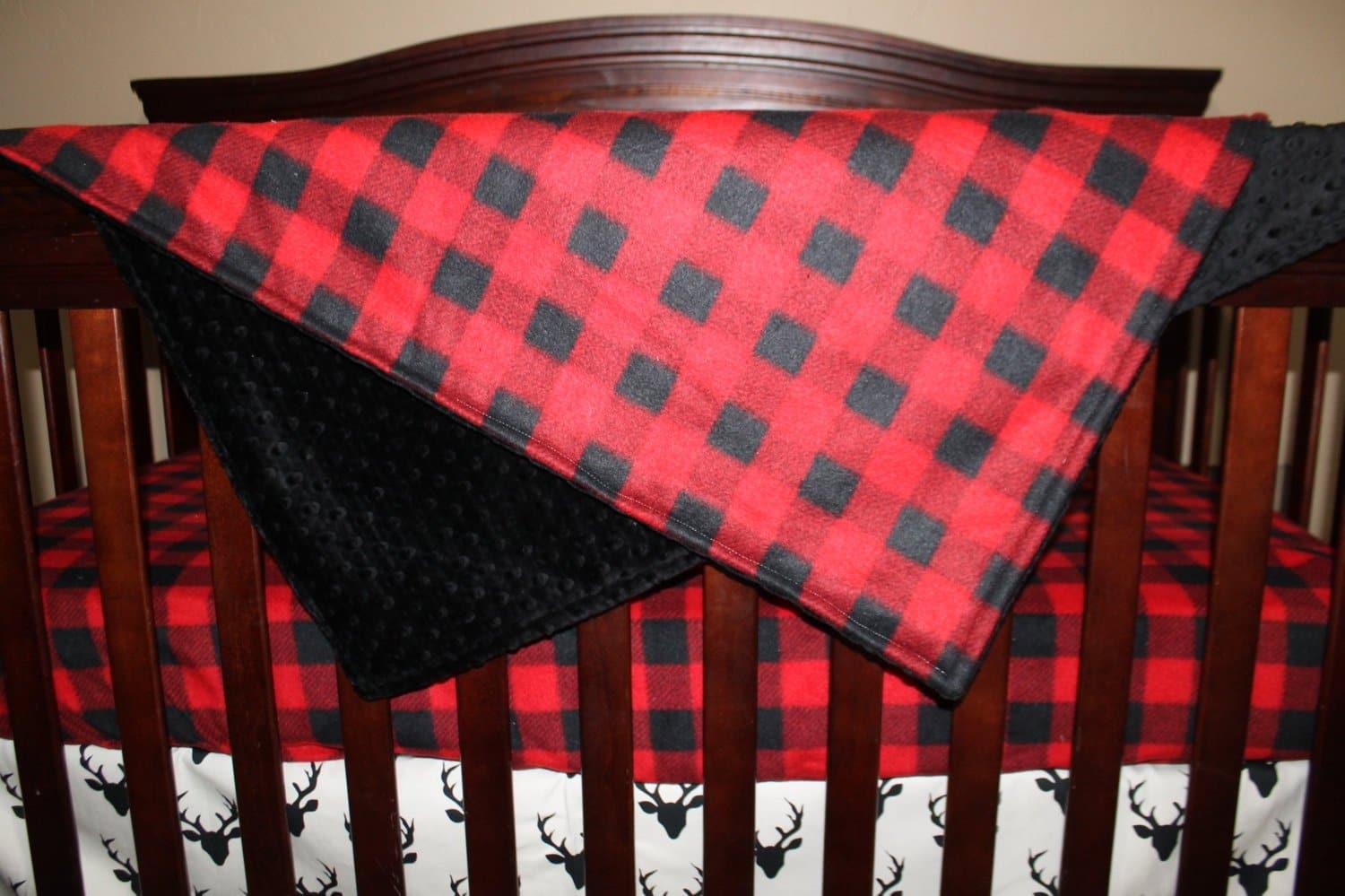 Standard Blanket-Mountain Lodge Red Black Buffalo Check and Black Minky Woodland Blanket - DBC Baby Bedding Co 