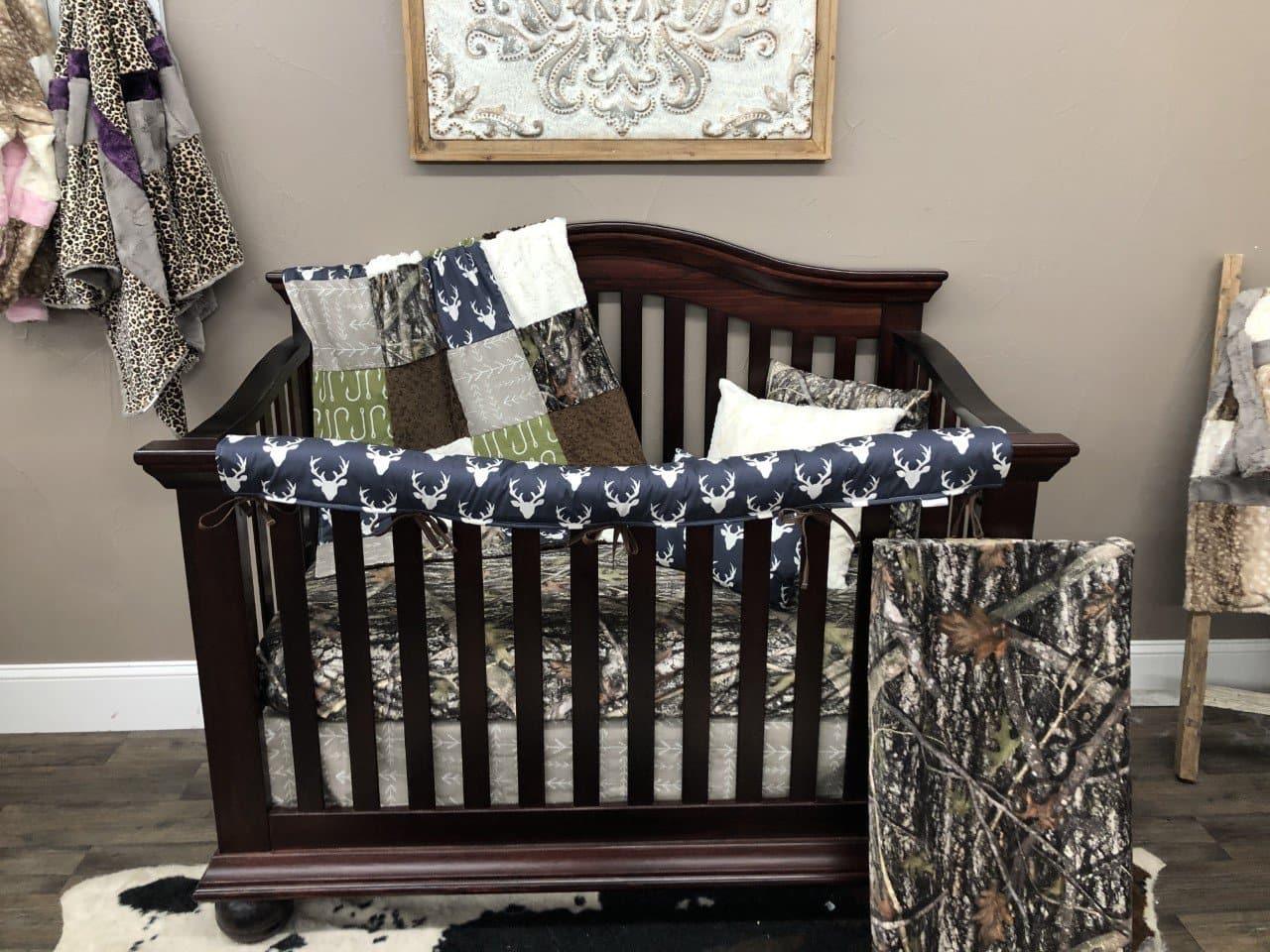 Custom Boy Crib Bedding - Buck, Fish Hooks, and Camo Woodland Collection - DBC Baby Bedding Co 