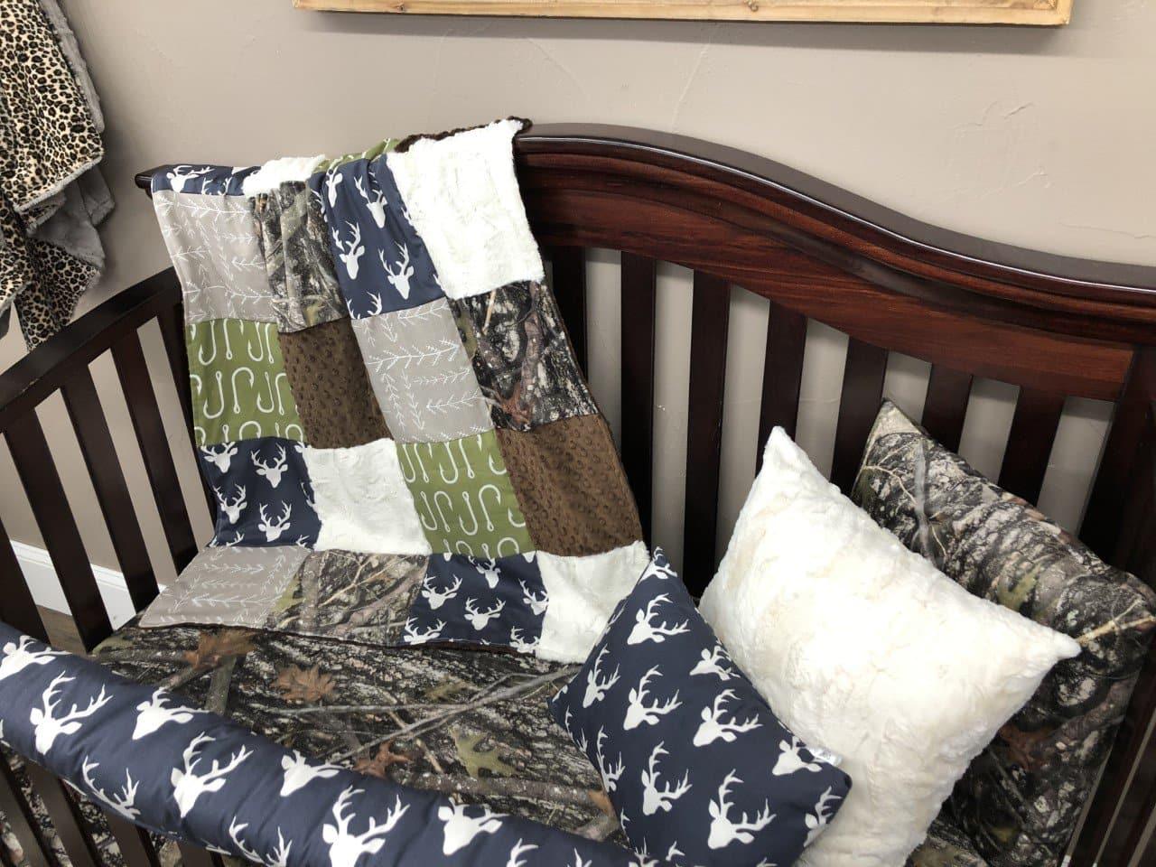 Custom Boy Crib Bedding - Buck, Fish Hooks, and Camo Woodland Collection - DBC Baby Bedding Co 