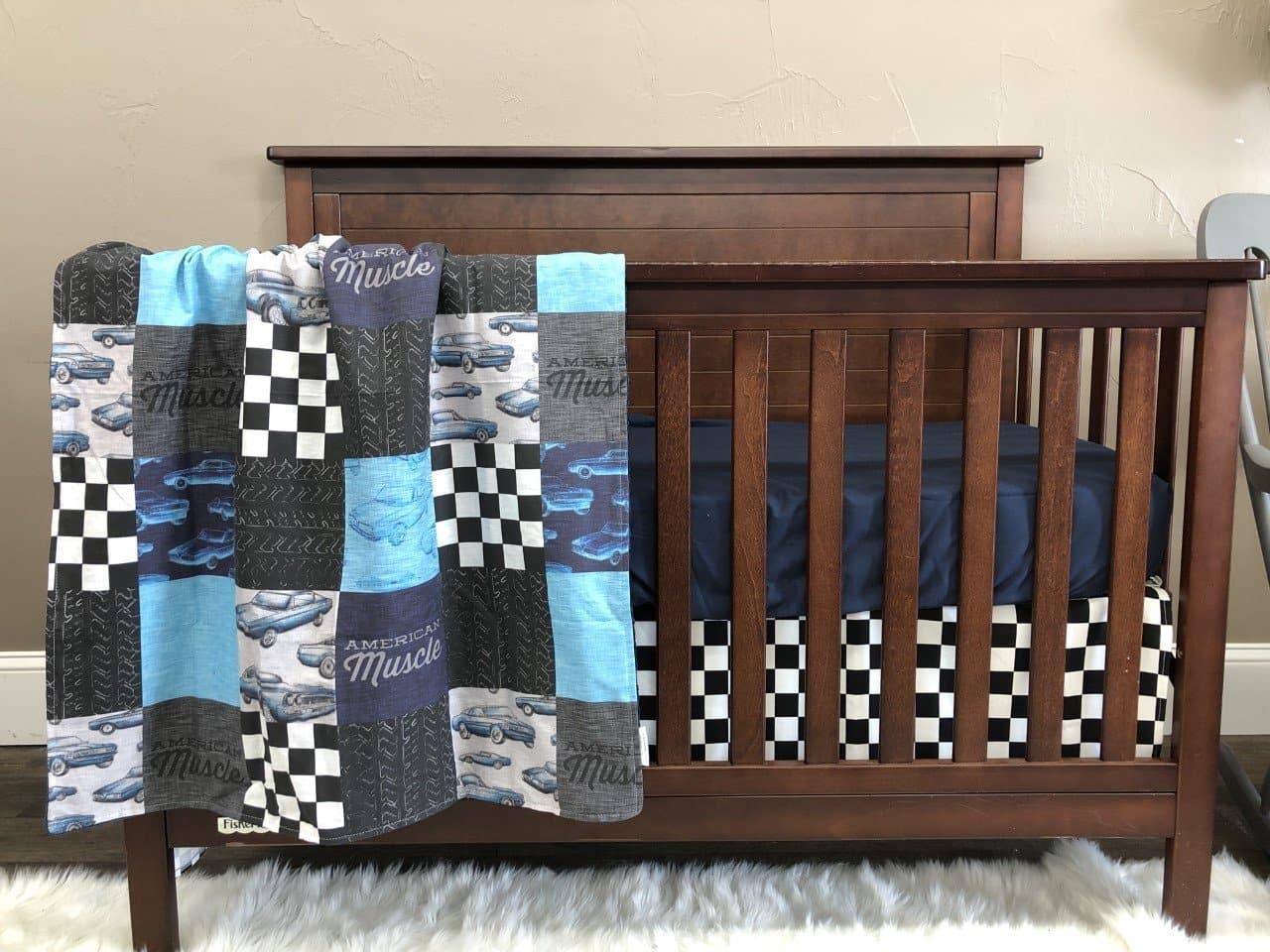 Custom Boy Crib Bedding Muscle Cars and Race Flag Check Baby Bedding Collection 3pc Crib Bedding Set