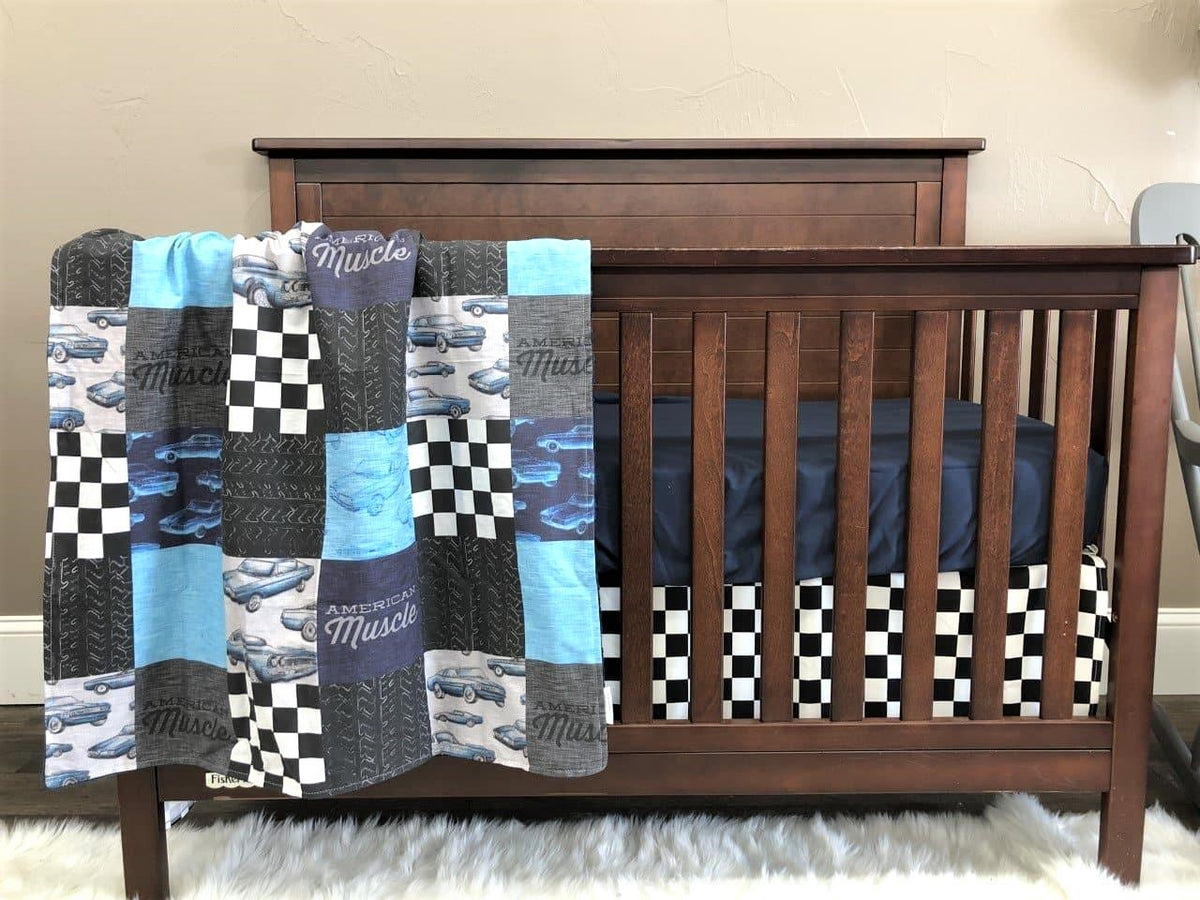 Custom Boy Crib Bedding - Muscle Cars and Race Flag Check Crib Bedding Collection - DBC Baby Bedding Co 