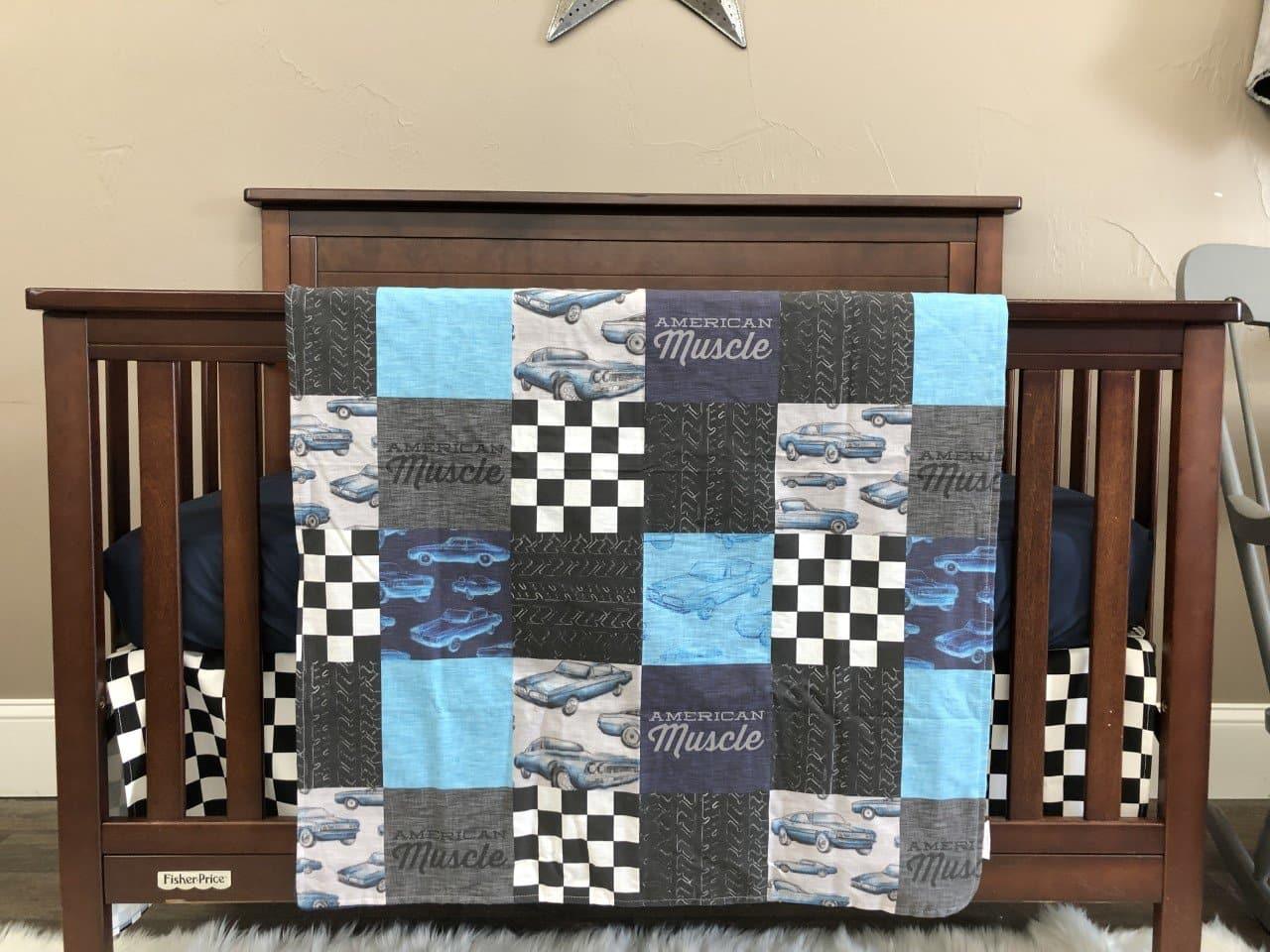 Custom Boy Crib Bedding - Muscle Cars and Race Flag Check Baby Bedding Collection - DBC Baby Bedding Co 