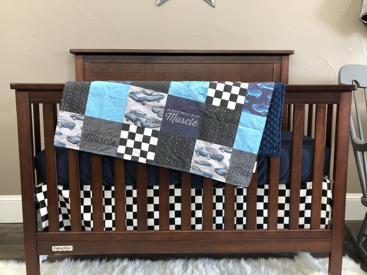 Custom Boy Crib Bedding Muscle Cars and Race Flag Check Baby Bedding Collection 3pc Crib Bedding Set